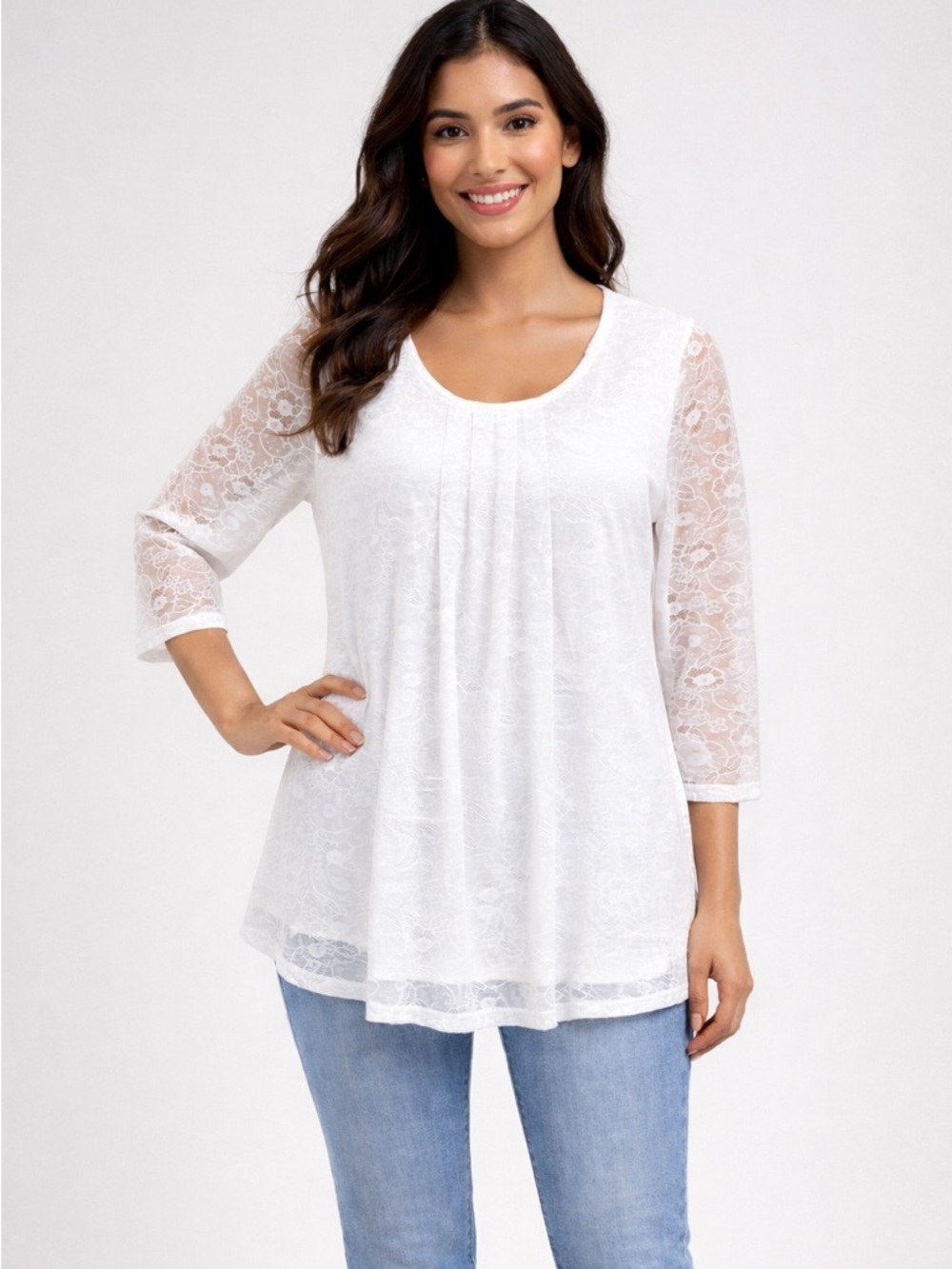 Valolia White Lace Sleeve Layered Tunic Top 3/4 Sleeve